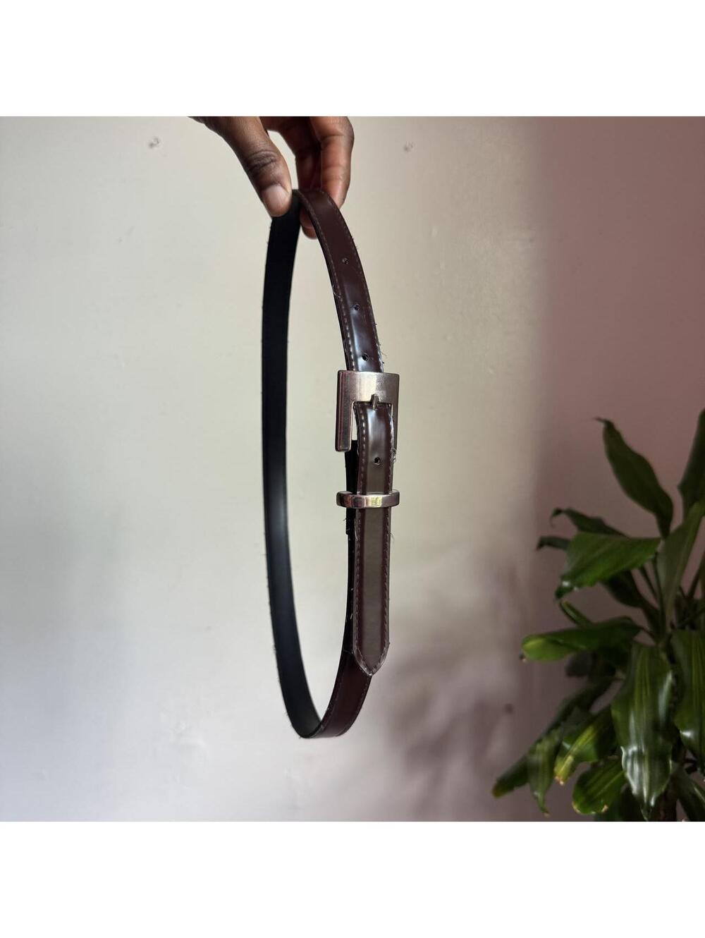 Vintage minimalist brown faux leather belt with silver buckle size 12